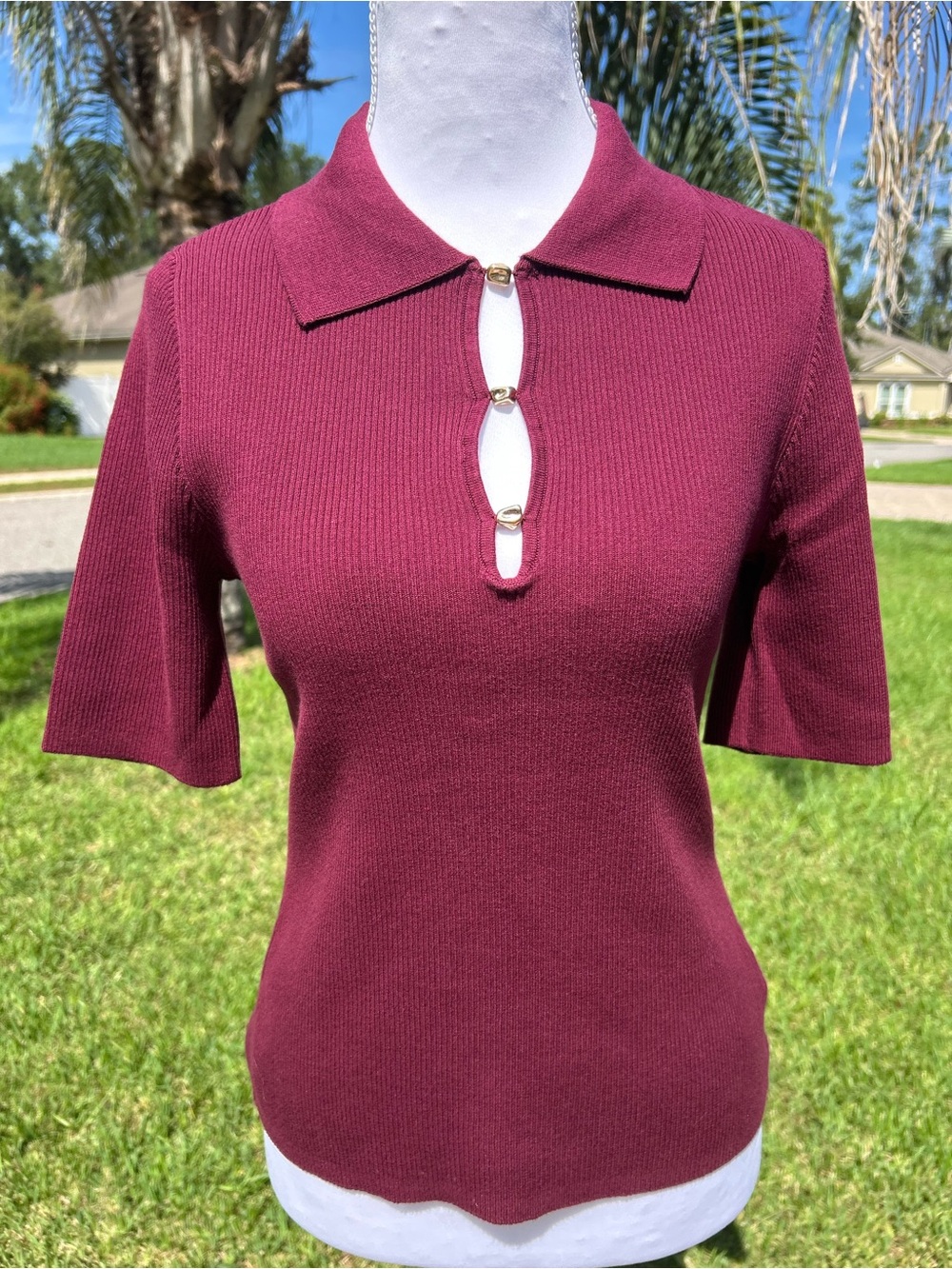 NWT🌷Express Burgundy Cotton Fitted Novelty Hardware Sweater Polo
